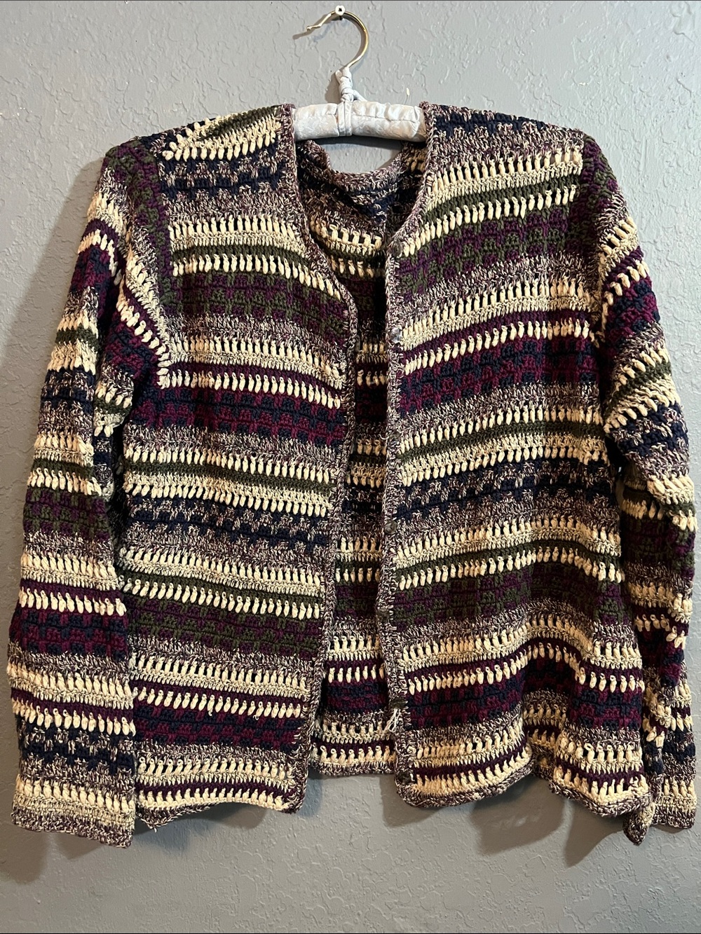Chunky Striped Button Front Cardigan Sweater in Cream, Navy & Burgundy